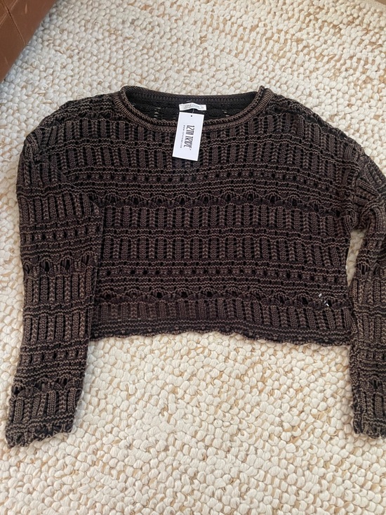 12th Tribe Sweaters - 12th Tribe Brown Cropped Open-Knit Crewneck Sweater